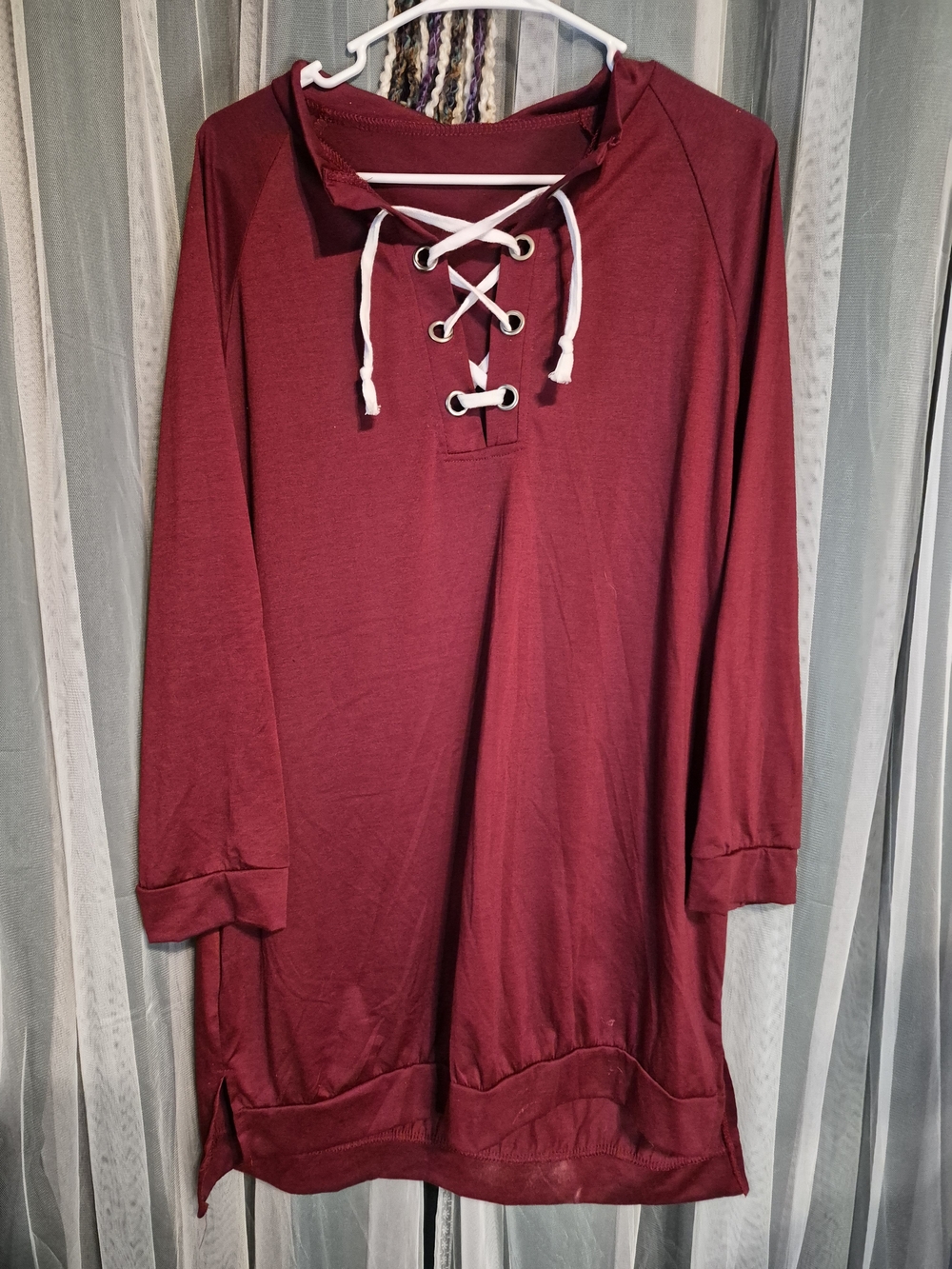 Women’s Lace-Up Tunic Sweater Dress - Burgundy - Picture 2 of 5